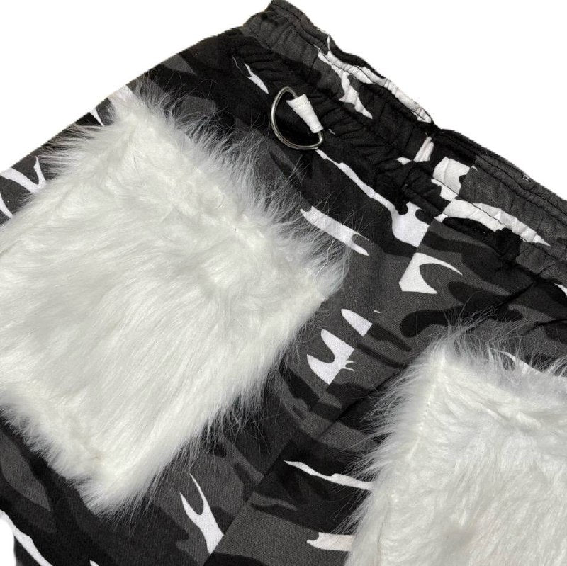 BLACK CAMO FUR POCKET SWEAT PANTS
